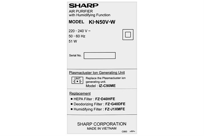 Máy lọc không khí và tạo ẩm Sharp KI-N50V-W 51W